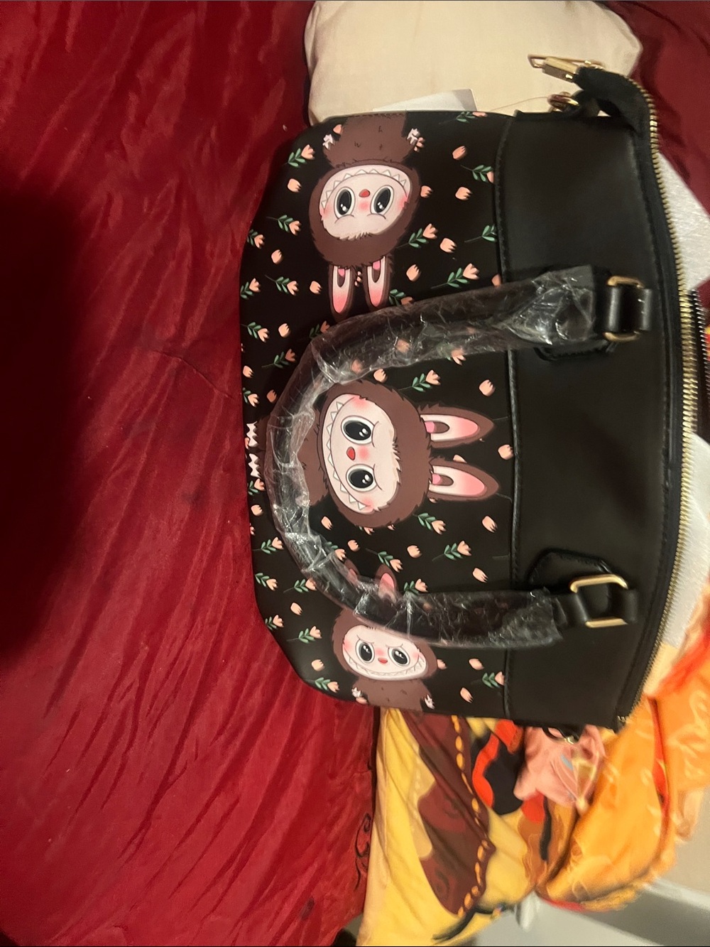 Black Satchel Bag with Cute Character Print